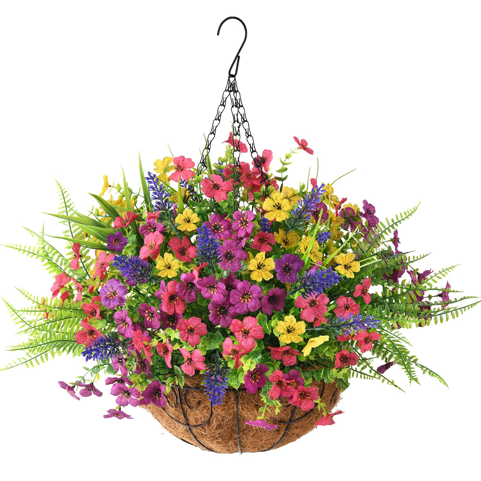 Artificial Faux Hanging Plants Flowers Basket for Spring Outdoor Outside Decoration, 12 Bundles Faux Silk Daisy and Ferns with Lavender UV Sun Resistant Look Real for Porch Home Patio Balcony Yard