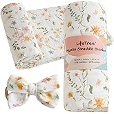 LifeTree Baby Muslin Swaddle Blankets for Boys & Girls, Newborn Swaddle Set with Matching Headband Bow, Infant Blanket Wrap, 47 x 47 inches, Floral Motif, 70% Viscose Bamboo and 30% Cotton