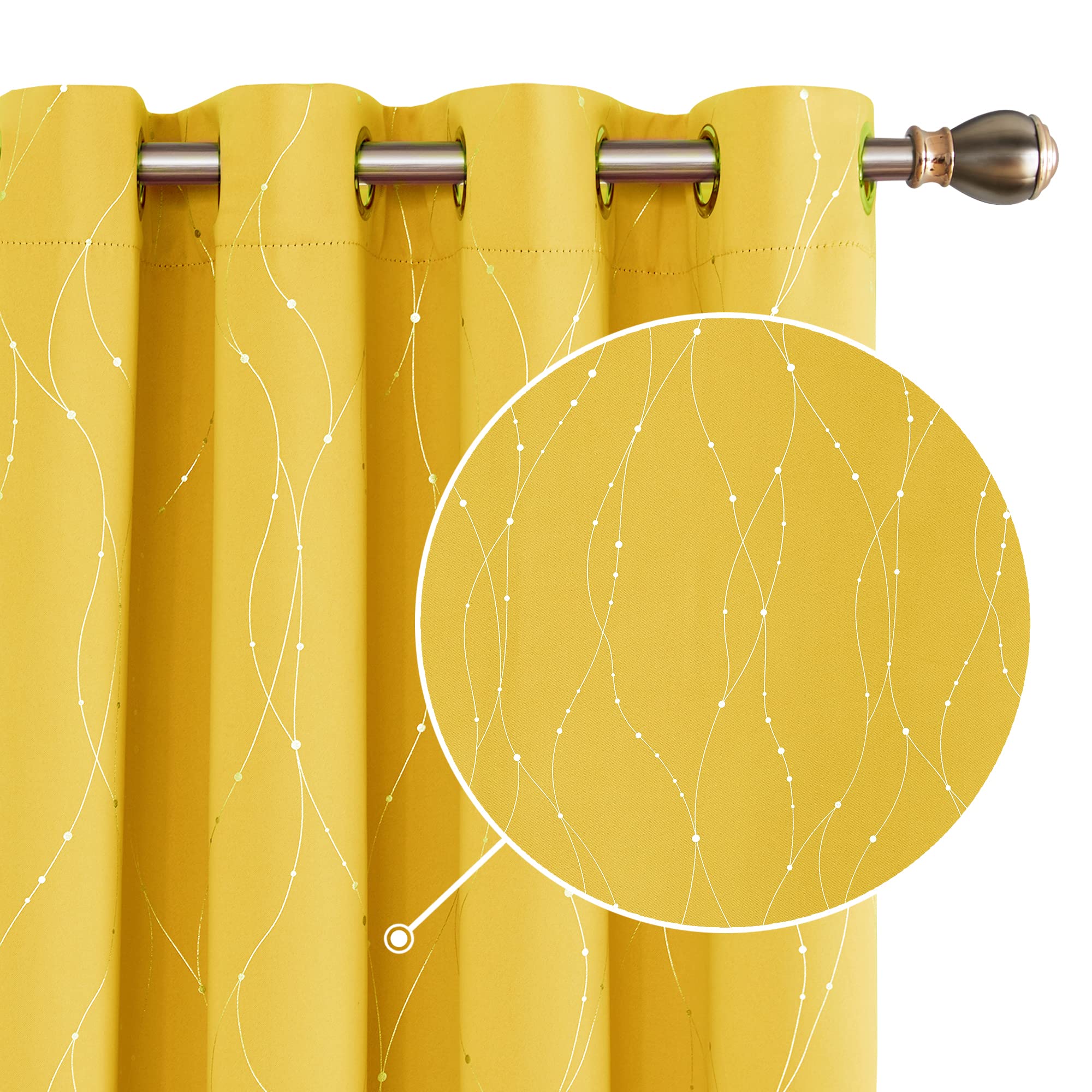Deconovo Dot Line Decorative Super Soft Thermal Insulated Energy Saving Blackout Curtains for Living Room Mellow Yellow 66 x 90 Inch 2 Panels