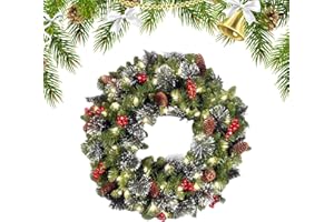 SKTMH Pine Cone Berry Christmas Wreath with LED Lights, Lighted Christmas Door Wreath Decorated with Realistic Red Berries Pi