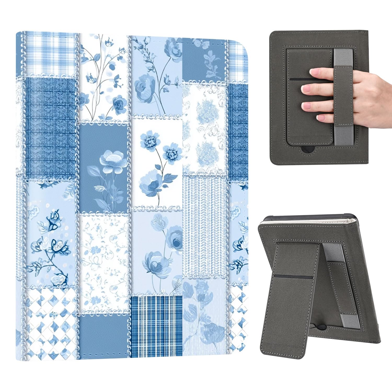 Photo 1 of AdorableWhimsy for Basic Kindle 11th Generation Case 6 Inch 2024/2022 Release Blue Patchwork Floral Aesthetic Folio Cover with Stand & Hand Strap PU Leather Protective Case Auto Sleep/Wake
