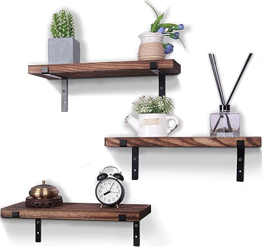 Amazon Com Rustic Wood Floating Shelves Farmhouse Wooden Wall Shelves For Bathroom Bedroom Living Room Kitchen Office Brown Set Of 3 Kitchen Dining