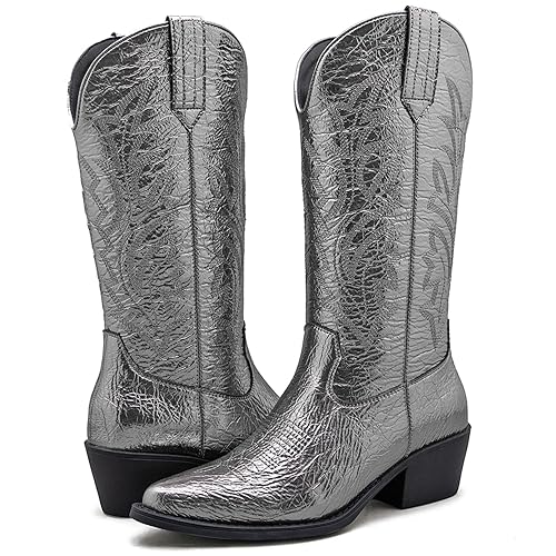 GLOBALWIN Silver Cowboy Boots For Women Metallic Boots Western Boots Mid Calf Knee High Cowgirl Boots Size 7.5M
