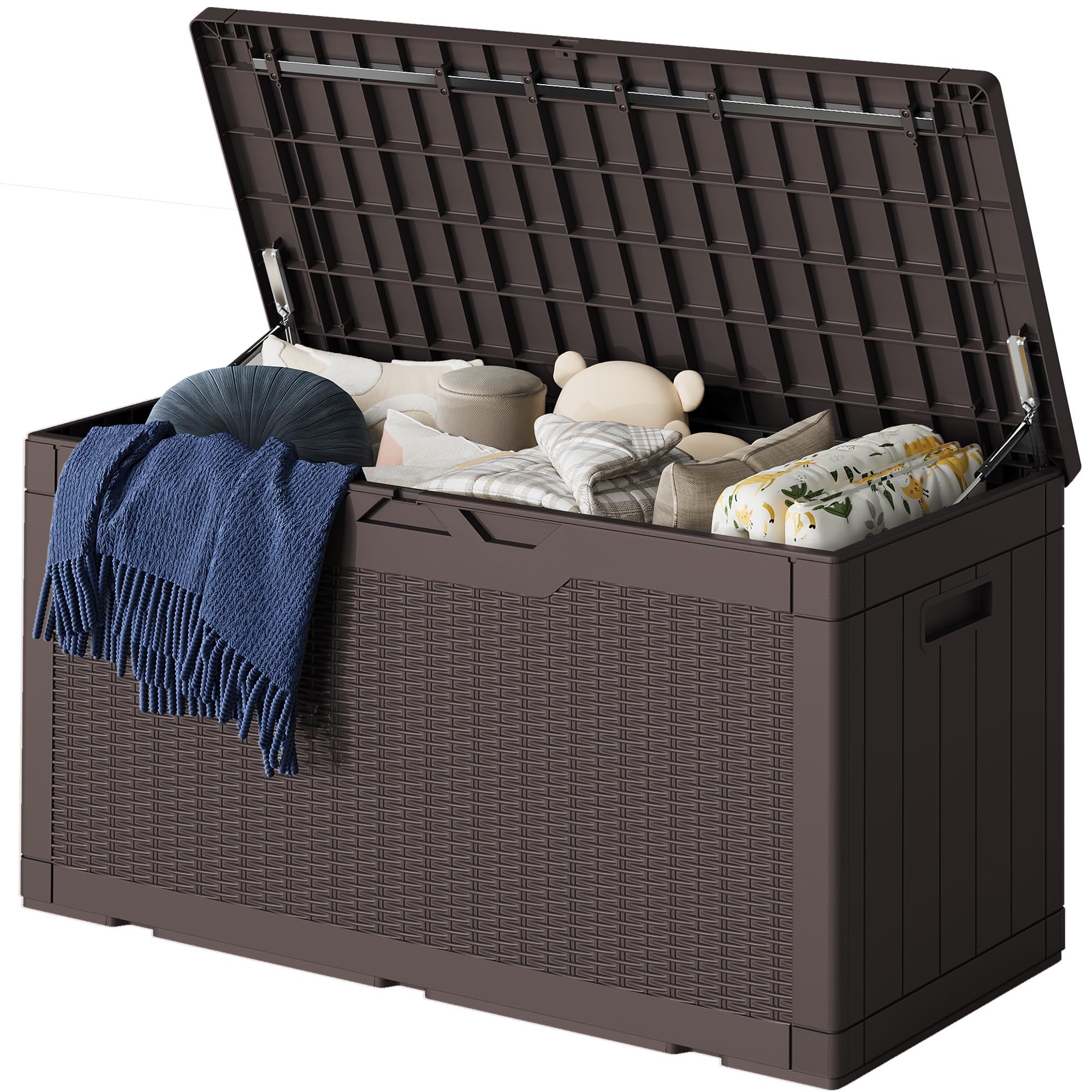 Greesum 100 Gallon Resin Deck Box Lockable Large Outdoor Storage Boxes for Garden Tools, Patio Furniture Cushions, Pool Supplies, Dark Brown Image
