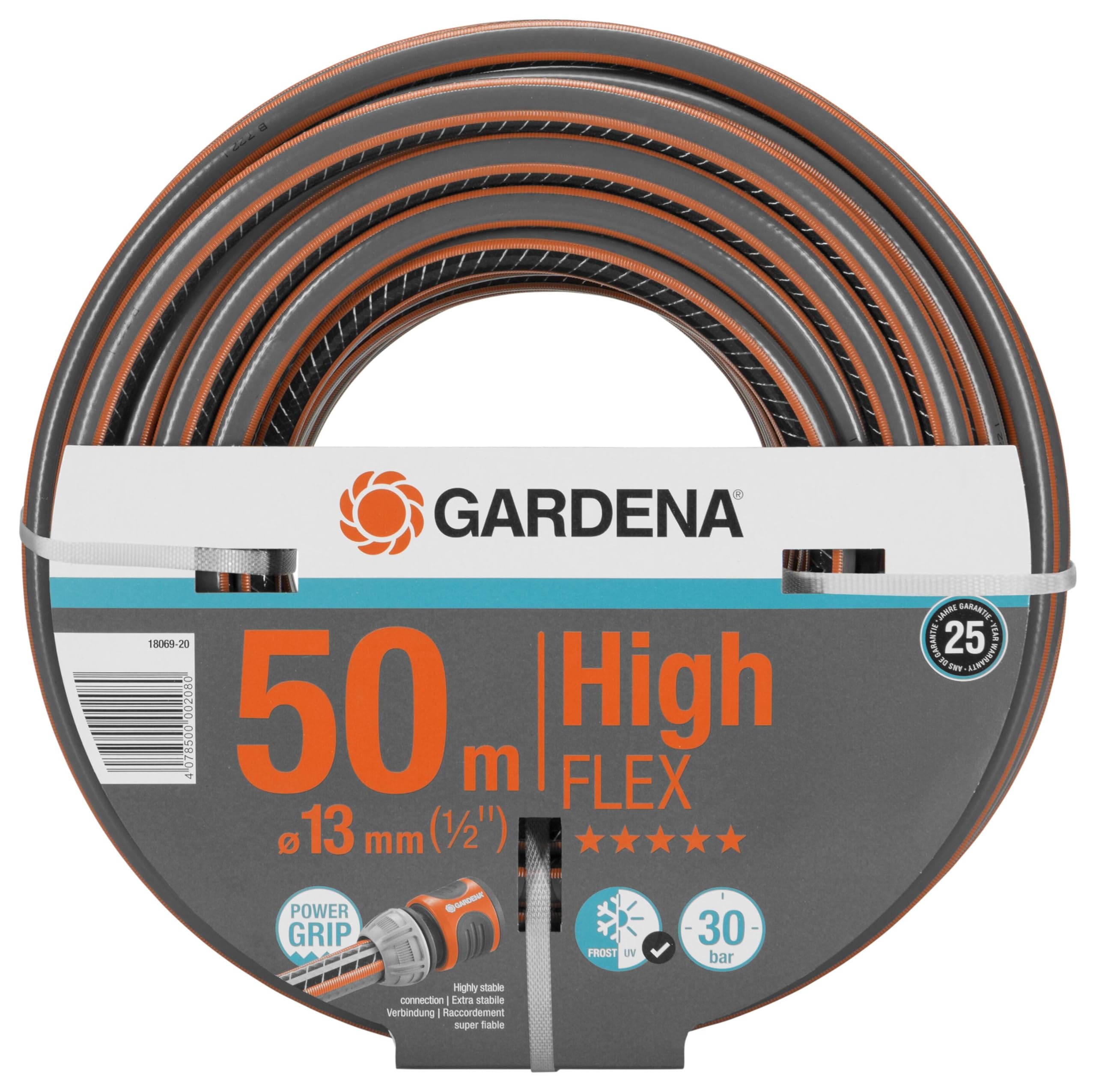 Gardena Comfort HighFLEX Hose, 13 mm (1/2 inch), 50 m: Garden Hose with Power Grip Profile, 30 bar Burst Pressure, Keeps its Shape, UV Resistant (18066-20)