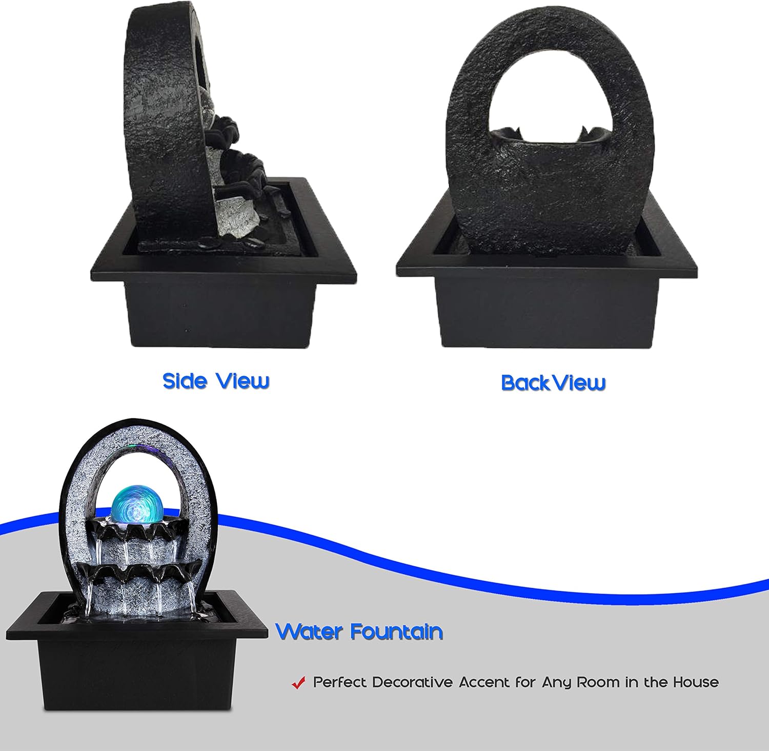 Electric Tabletop Water Fountain Decoration - 2-Tier Indoor Outdoor Portable Desktop Decorative Waterfall Kit w/LED Illuminated Crystal Ball Accent, Include Submersible Pump, 12V Adapter - SereneLife