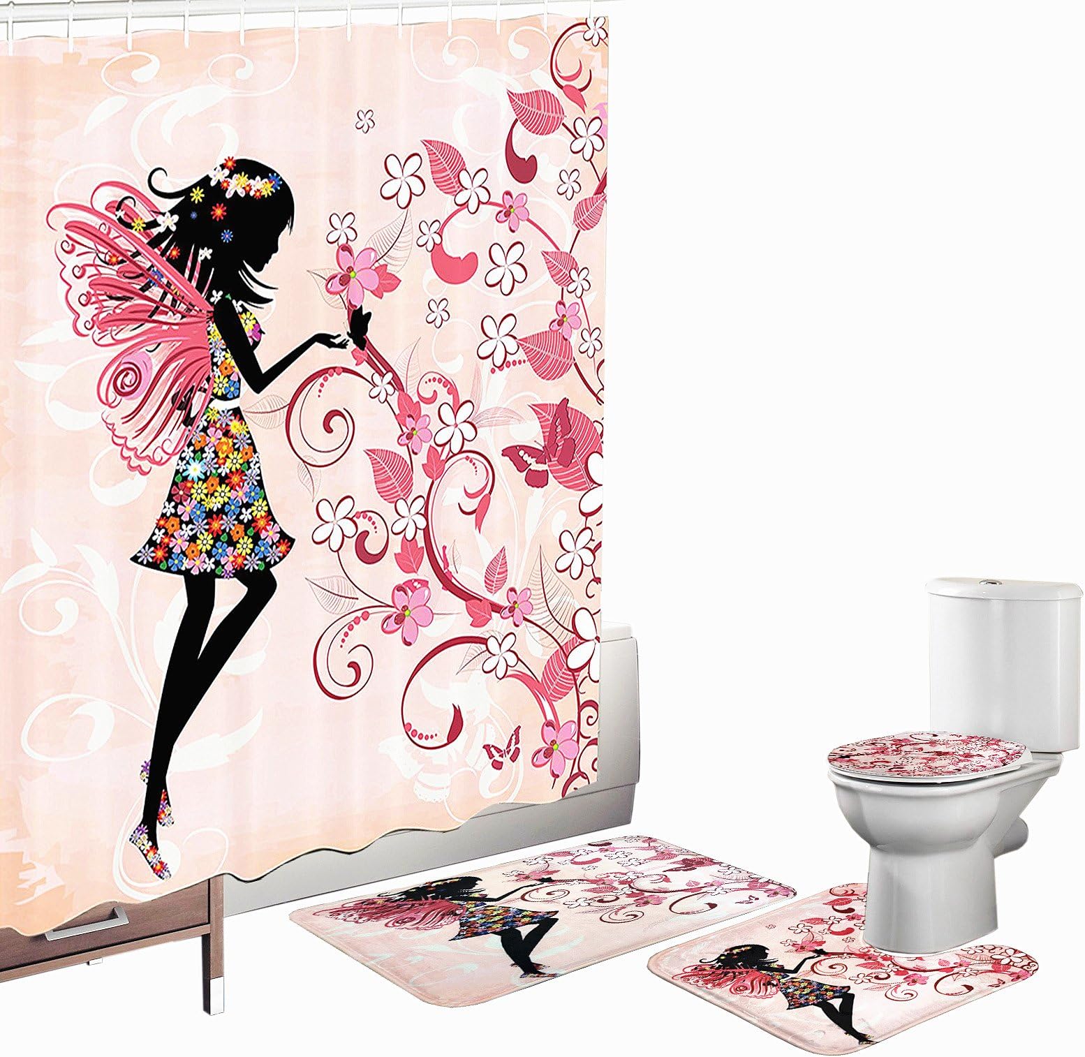 Amagical 16 Piece Girls Shower Curtain Set Bathroom Mat Set Fairy Decor Bath Mat Contour Mat Toilet Cover Pink Butterflies and Flowers Beautiful Glamour Girl with Colorful Floral Dress Angel Wings