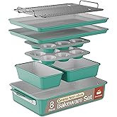 Bakken 8-Piece Stackable Bakeware Set - Ceramic Non-Stick Coating, Baking Sheets, Assorted Baking Pans, PTFE, PFOA & PFOS Free - Healthy Baking, Ergonomic Handles, Cooling Rack, Non-Toxic, Oven-Safe