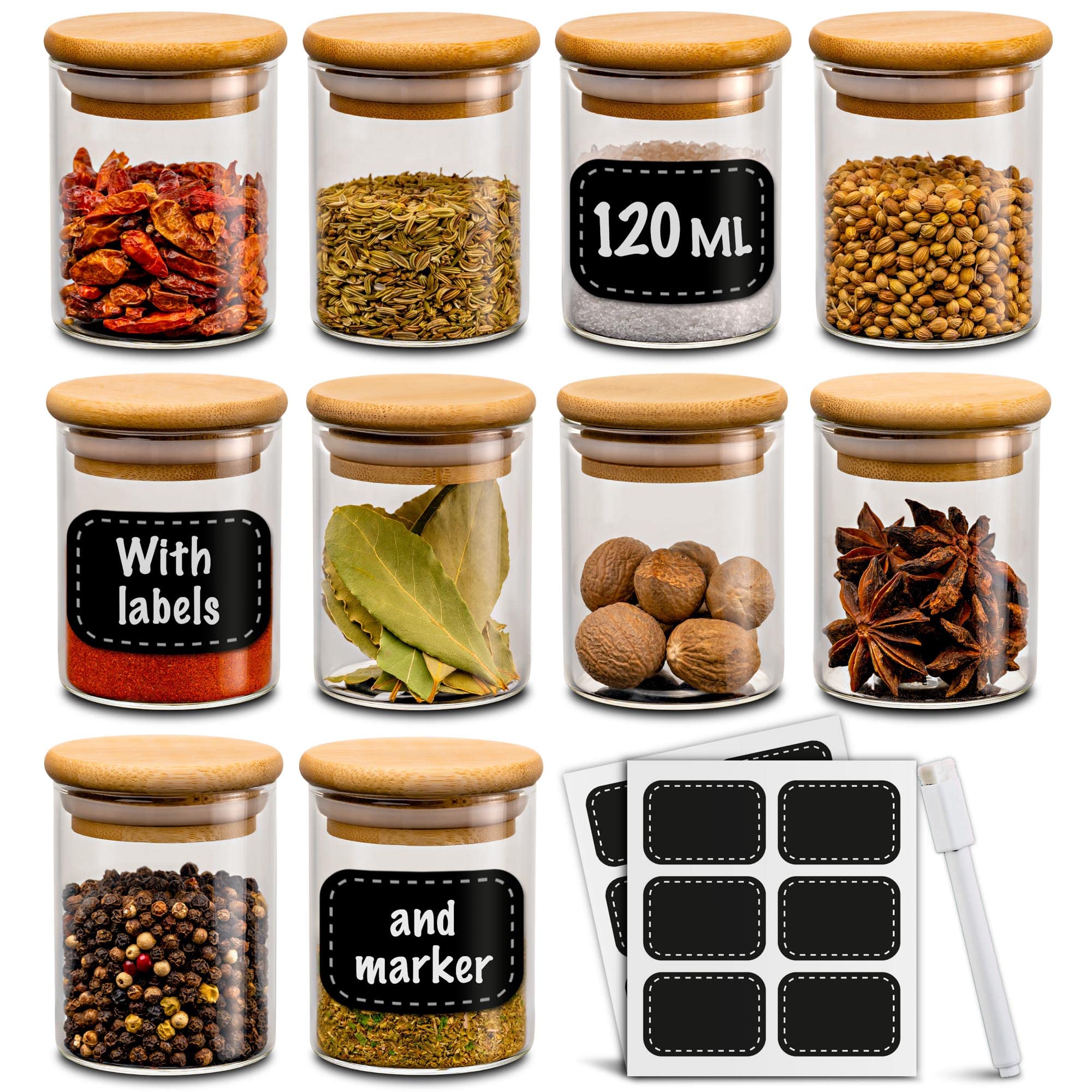 Praknu 10 Glass Spice Jars with Bamboo Lids - 120 ml - With Labels & Erasable Marker - Airtight & Dishwasher Safe - Perfect for Organizing Spices & Herbs