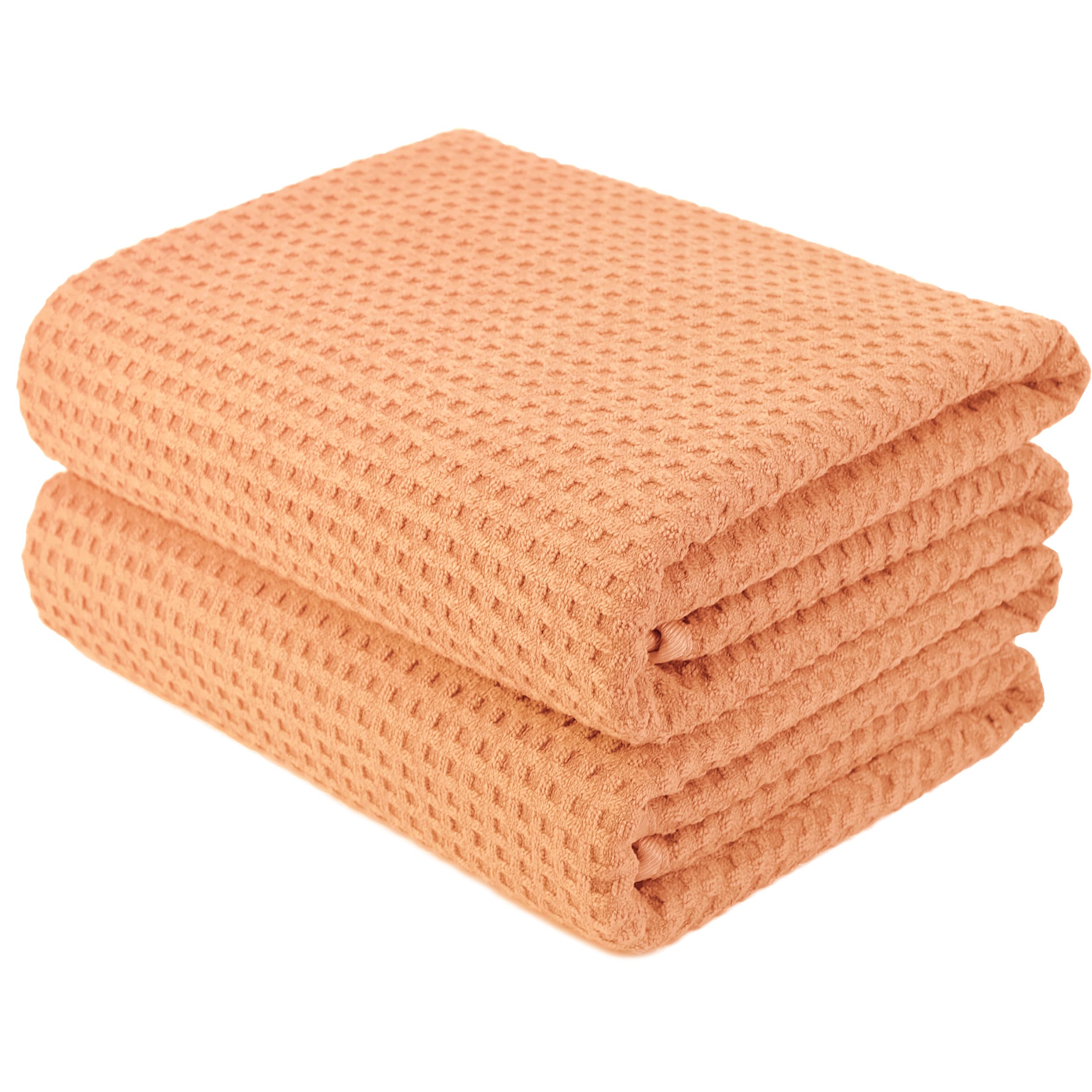 POLYTE Microfibre Oversize Quick Dry Lint Free Bath Towel, 76 x 152 cm, Set of 2 (Orange, Waffle Weave)