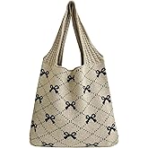 TEBIEKOY Crochet Tote Bag for Women, Bow Aesthetic Knitted Boho Shoulder Handbag, Cute Travel Tote