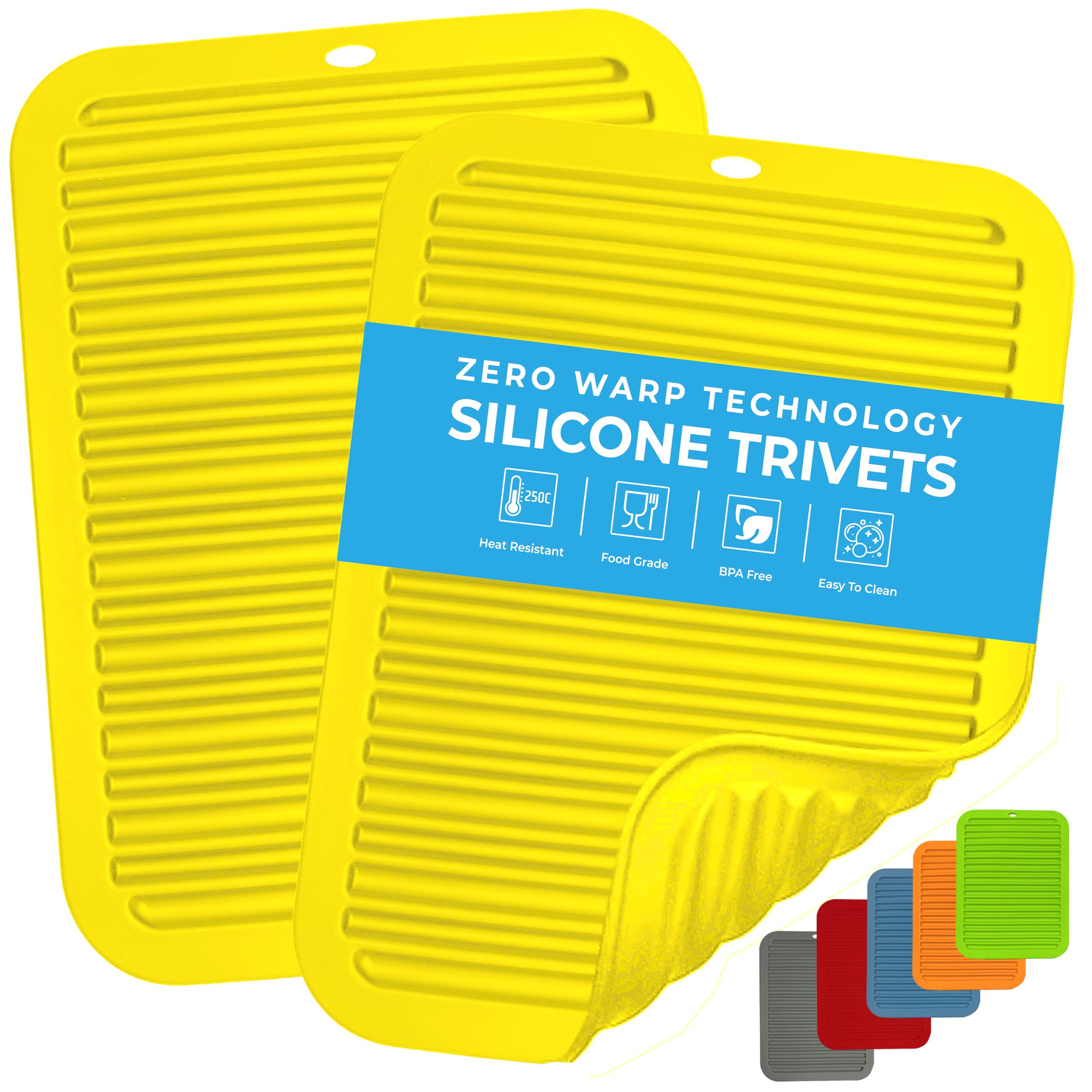 Silicone Trivets & Pot Holders - 2Pack - Zero Warp Technology - Heat Resistant - Non-Slip - Flexible - Durable Kitchen Drying Mat Set (Yellow, 30cm, Rectangle)