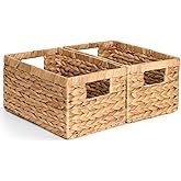 Set of 2 Wicker Shelf Storage Baskets for Organizing - Natural Durable Water Hyacinth Woven Basket Pantry Bin Organizers for Shelves with Handles for Home & Decor Organization, 12.5” x 8” x 6.5”