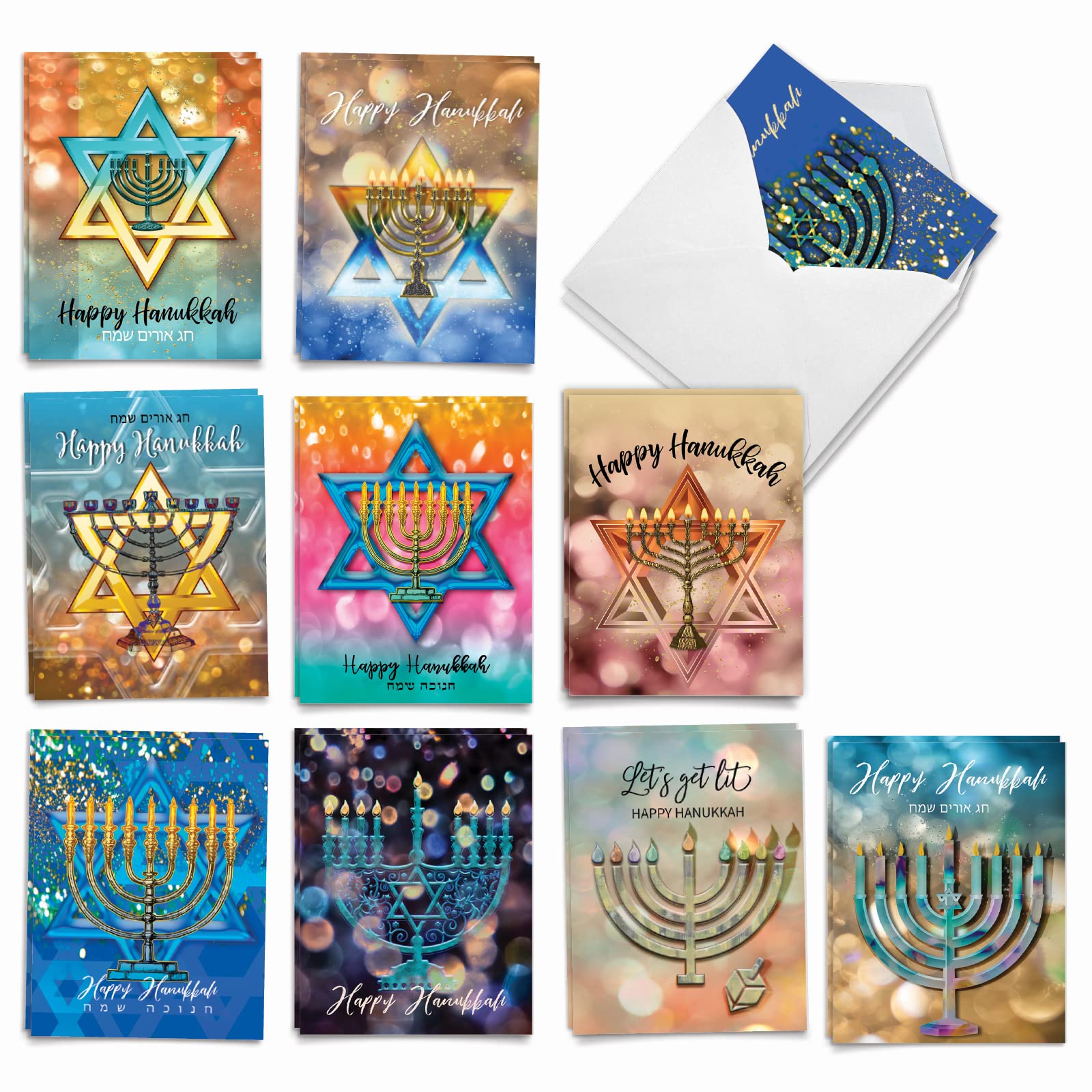 The Best Card Company - 20 Assorted Blank Chanukah Note Cards Boxed Set 4 x 5.12 Inch with Envelopes (10 Designs, 2 Each) Jewish Holiday Cards Festival of Lights AM3687HKB-B2x10