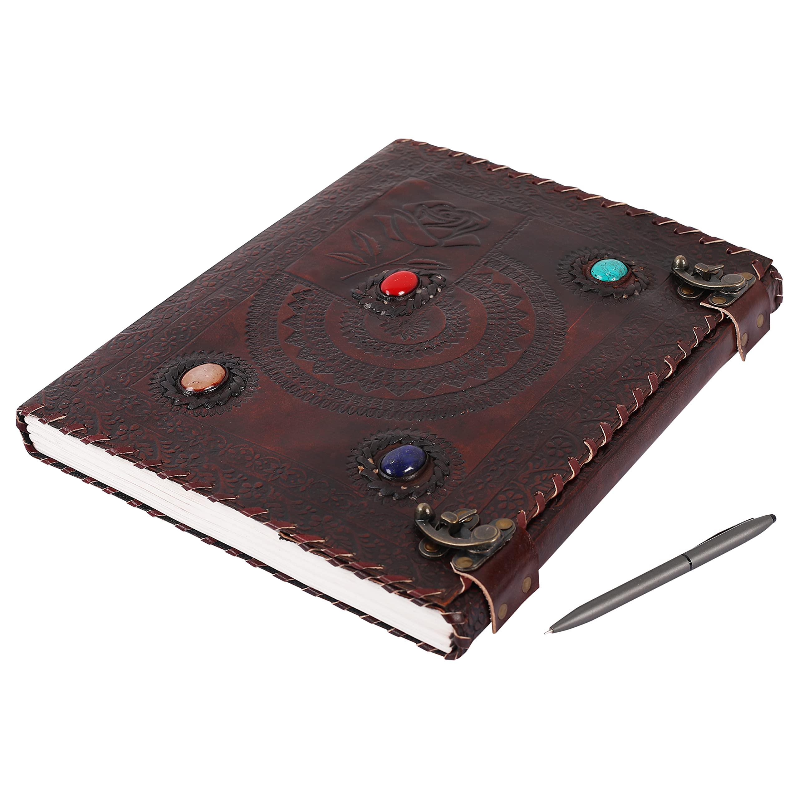 OVERDOSE Leather Journal - Handmade Antique Journal For Students & Office For Men Women Diary Leather Sketchbook Drawing - Size 10 X 13 Inches | 25 X 33 cm (Rose Chakra With Stone)
