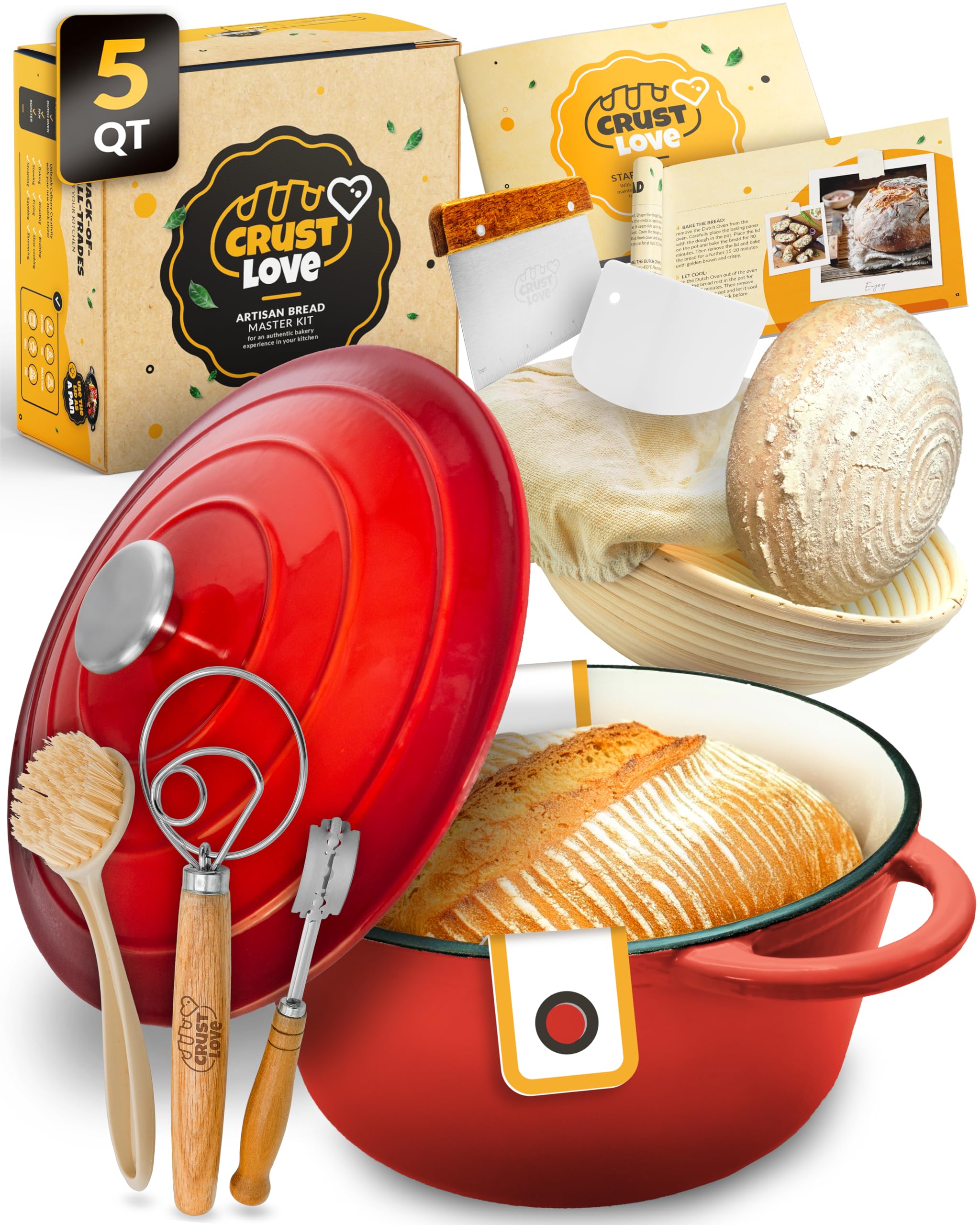 CRUSTLOVE Dutch Oven for Bread Baking - incl. Sourdough Bread-Baking Supplies like Banneton Bread-Proofing Basket - 5QT Enameled Cast Iron Bread-Oven with Lid, Bread-Pan Sour Dough Starter Kit Image