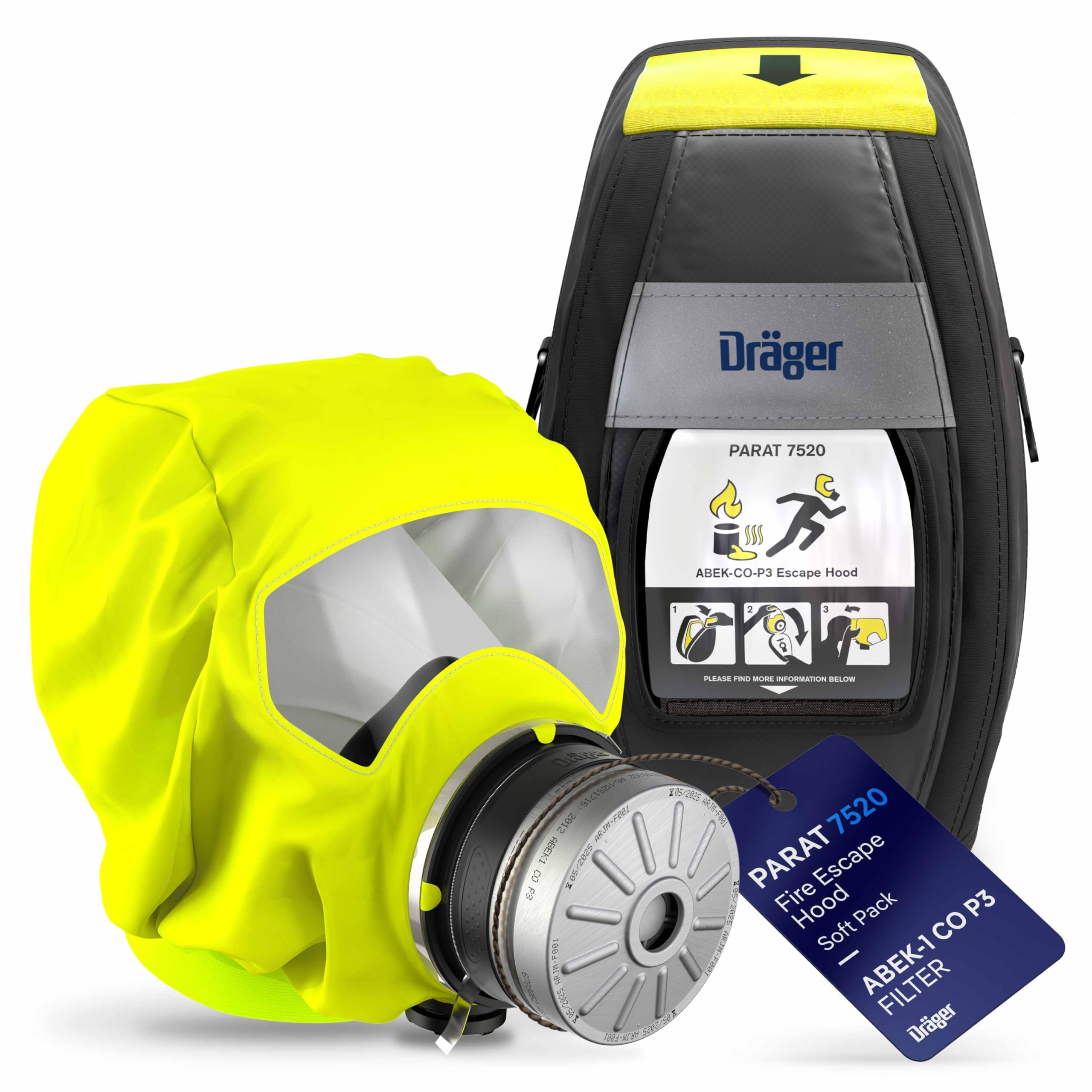 Dräger PARAT 7520 Combined Fire and Industrial Escape Hood Effective Rescue Hood with Combination Filter ABEK CO P3 Soft Pack