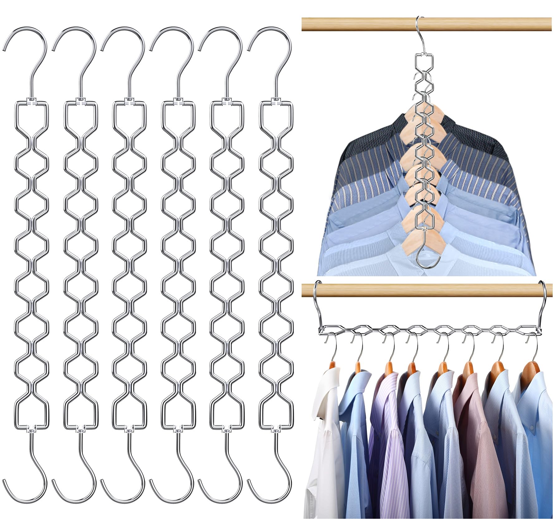 Photo 1 of 6 Pack Space Saving Hangers for Clothes, Heavy Duty 30Lbs Capacity Magic Clothes Space Saver Sturdy Metal Hanger Organizer with 360° Swivel Hook, Closet Organizers Storage Dorm Essentials Silver