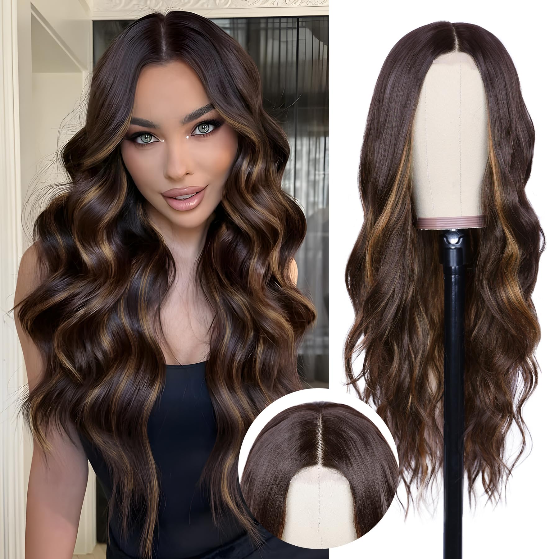 Photo 1 of NAYOO Long Dark Brown Mixed Chestnut Wavy Wig for Women 26 Inch Middle Part Lace Hairline Curly Wavy Wig Natural Looking Synthetic Heat Resistant Fiber Wig for Daily Party Use