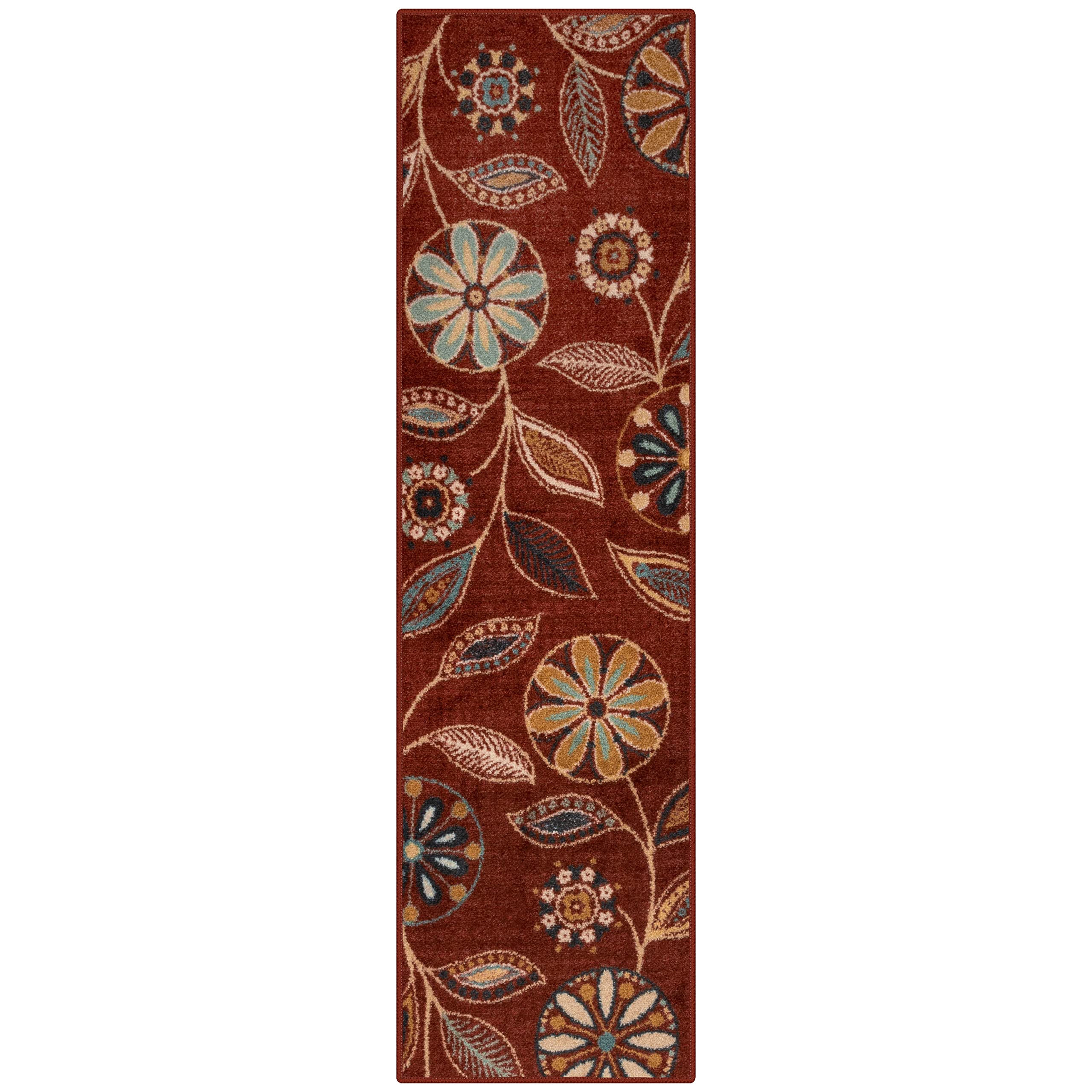 Photo 1 of Maples Rugs Reggie Floral Runner Rug - Made in USA - Washable, Non Slip Indoor Carpet for Kitchen, Hallway, and Laundry Room, 2' x 7', Merlot