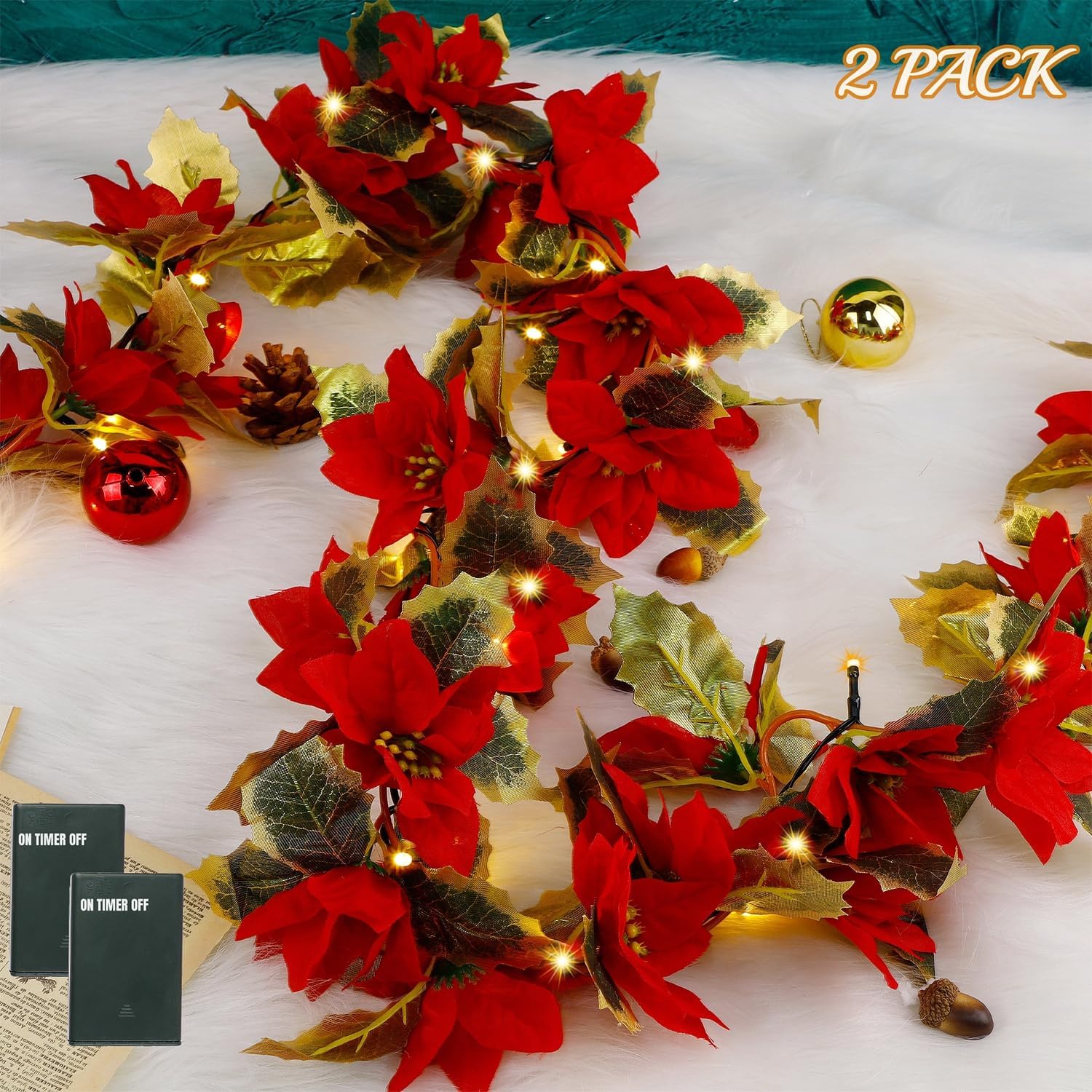 Wreaths, Garlands & Swags - Glintoper 2 Pack Christmas Poinsettia Garland, 5.9 FT Lighted Artificial Garlands with 36 Red Flowers, Battery Operated with Timer Poinsettia String Lights, Light up for Xmas New Year Home Decor