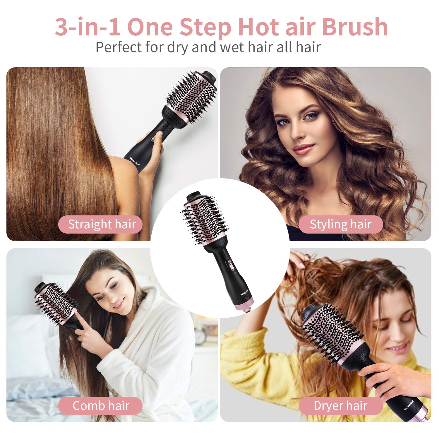 morpilot Spazzola per Asciugacapelli 3 in 1, Asciugacapelli e Volumizzatore Spazzola per aria Calda Loni Negativi Ceramica Asciugacapelli Asciugacapelli Raddrizzatore Spazzola per Capelli