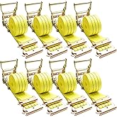 E Track Ratchet Straps Tie Down Strap (8-Pack), 2in×15ft Heavy Duty Tie Down Cargo Straps，4400 LBS Breaking Strength E Track Trailer Tire Straps for Tires Motorcycles Tailers Loads, Yellow.