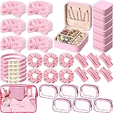 Liliaafar 36 Pcs Teen Girl Party Favors Preppy Gifts Sets Bulk 6 Friendship Bracelets 6 Bow Spa Headband 6 Scrunchies 6 Hair Clip 6 Jewelry Cases 6 Makeup Bags for Women Friend Preppy Gifts(Pink)