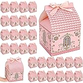 Covzoe 50 Pieces House Shaped Gift Boxes, Large Party Favor Treat Box with Handle Ribbons, 5.7 X 5.7 x 8.7 Inch Pink Gable Snack Goodie Cake Containers Bakery Packaging for Housewarming, Birthday, Wedding, Christmas, Valentine's Day