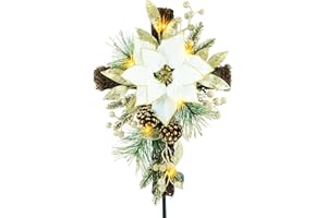 YULETIME 36" Christmas Cross Stake, Solar Powered with 15 Fairy Lights, Metal Cross, Natural Rattan, Gold-Rimmed White Poinsettia, Gilded Leaves, Berries, Pine Cones, Pine Needles (White)