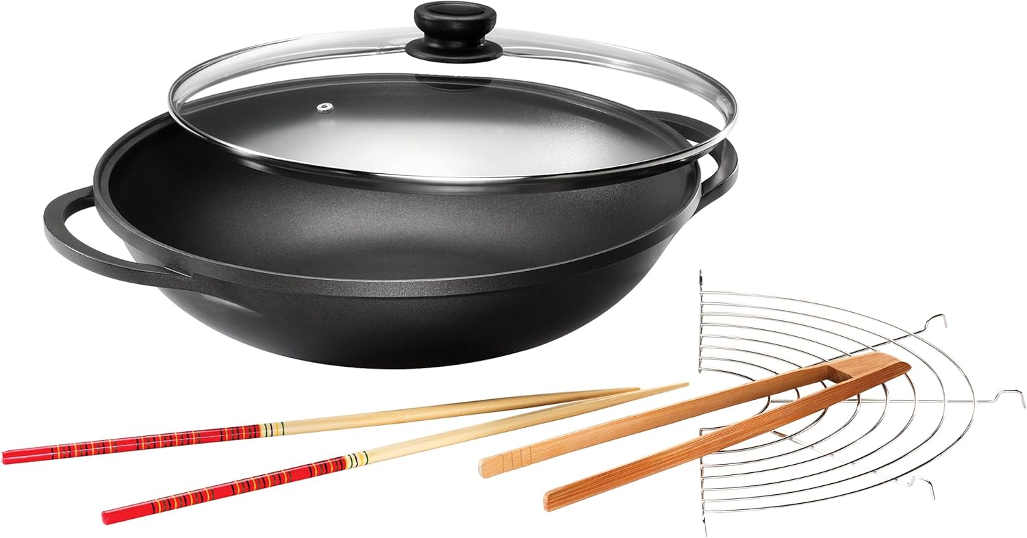 Karcher Wok Mai-Lin (Aluguss, Ø 36 cm, Durit-Select-Antihaftbeschichtung, inkl. Glasdeckel und Zubehör) schwarz
