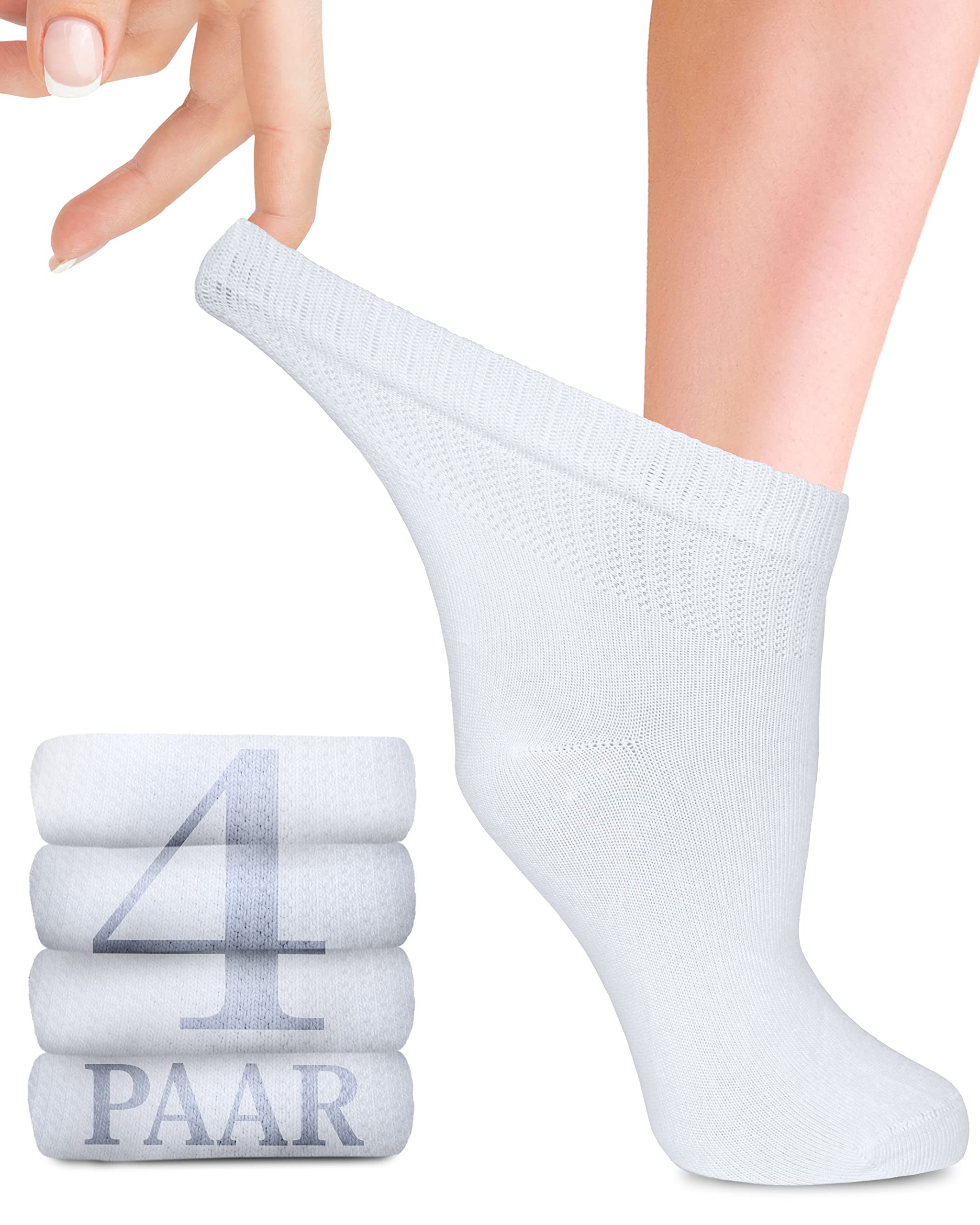 Diabetic Bamboo Lycra Socks for Women - Ankle High - Business & Leisure - Pregnant & Seniors - 4 Pairs, White, M