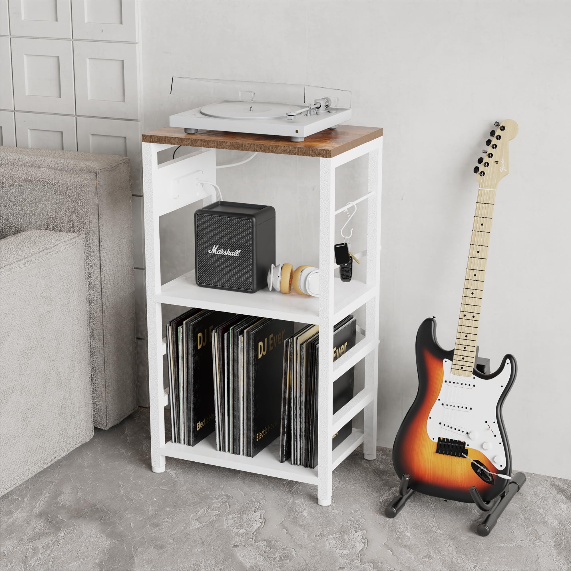 Condition photo showing As Is for yakanj end table with led light,record player stand with charging station,vinyl records storage,turn