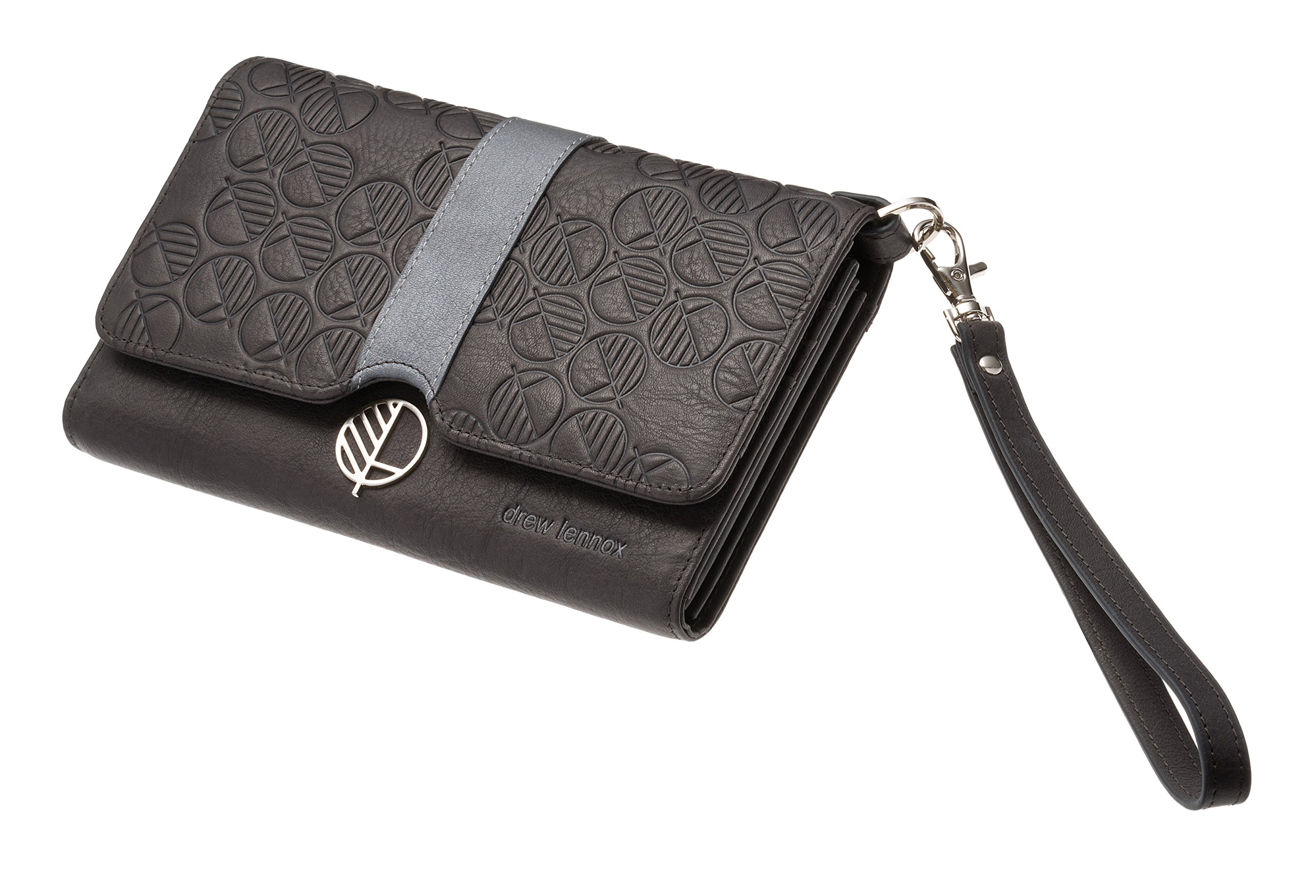 Drew Lennox Premium British Leather Wallet for Women, Travel Wallet, Clutch Bag with Wrist Strap— Passport Holder, Phone Holder, Cards Slots, Slip Pockets— ID Window— Gift Box— Black and Grey
