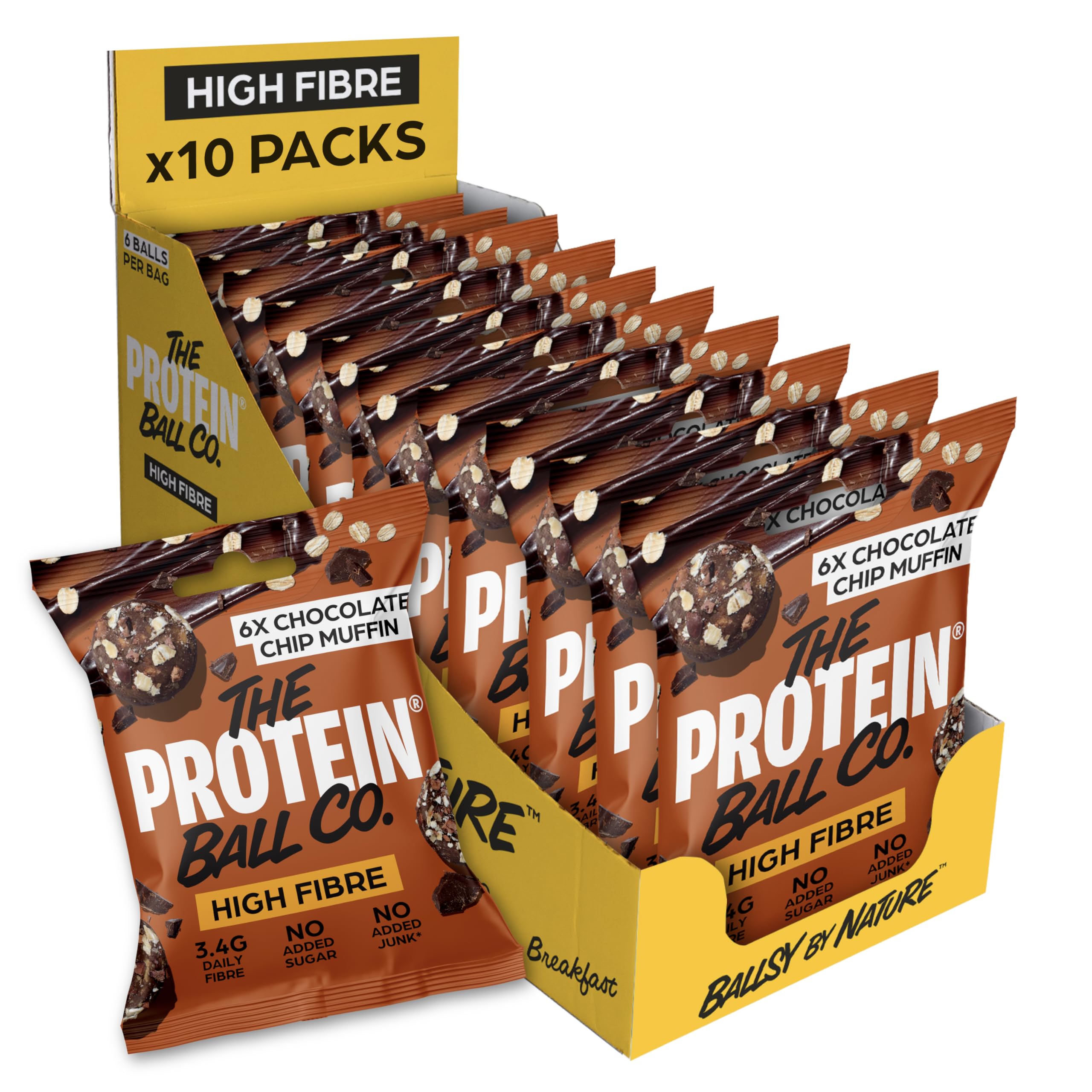 The Protein Ball Co Choc Chip Muffin Protein Balls - High Fibre Snacks - Gluten-Free, No Added Sugar - Healthy Energy Balls, Box of 10 Bags