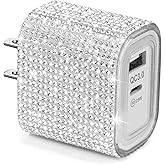 Aolcev for iPhone Charger Fast Charging Bling 2 in 1 USB A USB C Charger Block 25W Type C Fast Charging Blocks for iPhone 17 16 15 14 13 iPad Bling USB C Adapter for Galaxy S25 S24 Rhinestones Sliver