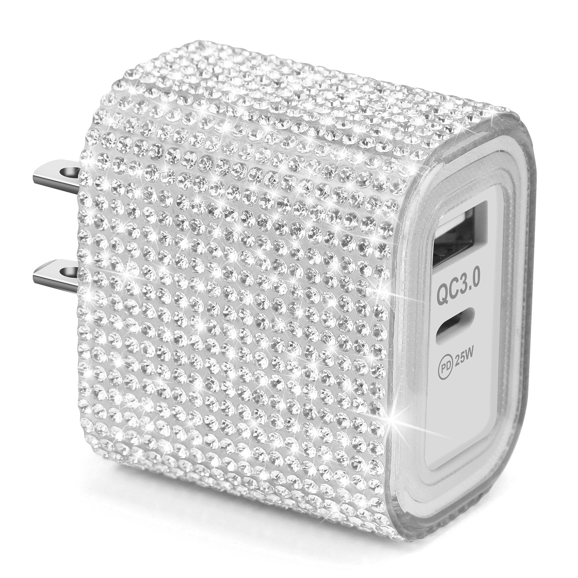 Aolcev for iPhone Charger Fast Charging Bling 2 in 1 USB A USB C Charger Block 25W Type C Fast Charging Blocks for iPhone 17 16 15 14 13 iPad Bling USB C Adapter for Galaxy S26 S25 Rhinestones Sliver