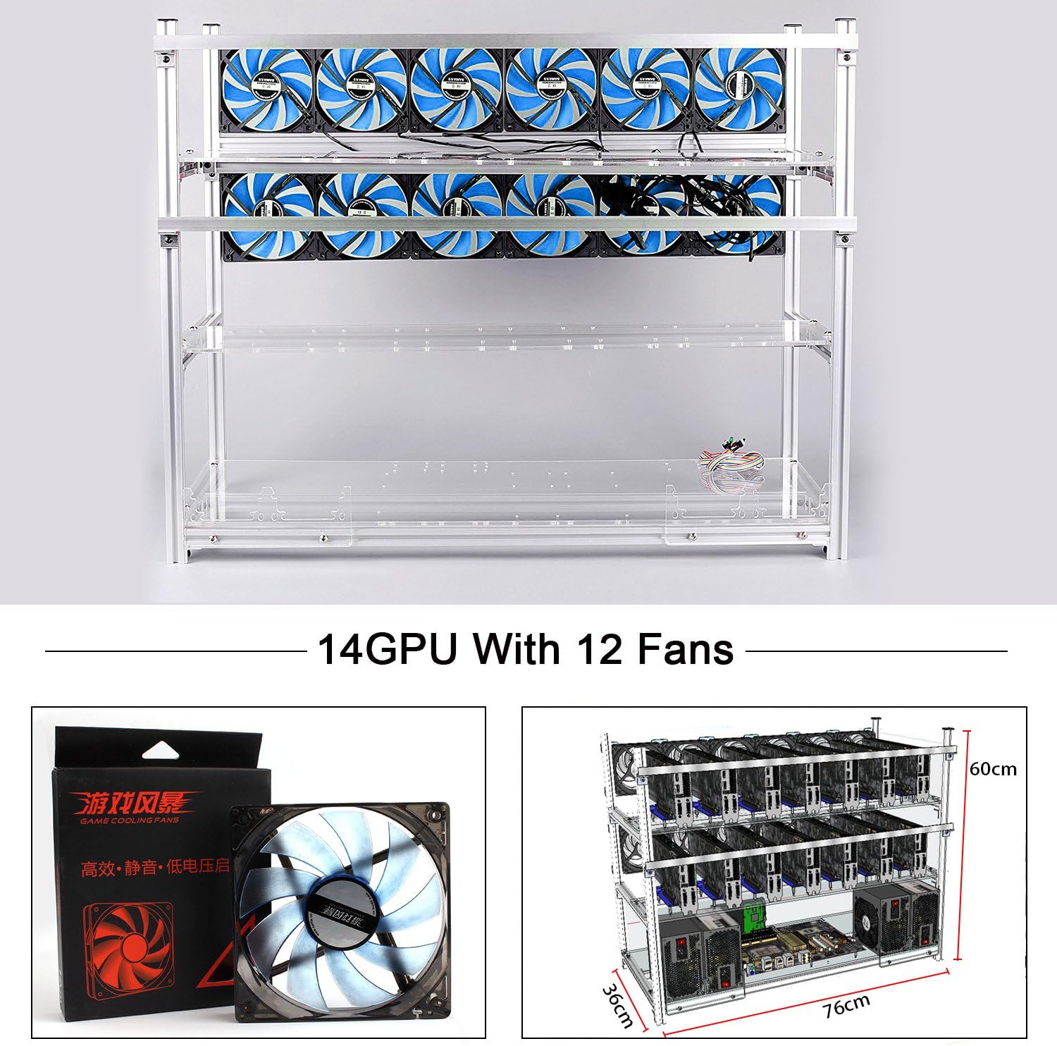 Aluminum 14 GPU Mining Rig Case With 12 PCS 120mm Case Fan, Stackable Open Air Frame Miner Case For ETH/ETC/ZCash/Cryptocurrency(Blue LED Fans,Silver)