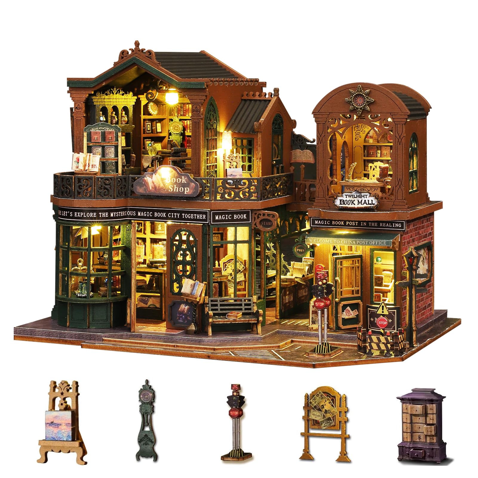 Photo 1 of **MISSING PIECES UNKNOWN**Plustopoy DIY Miniature House Kit for Adults, Mini Wooden Dollhouse Kit, Book Shop Tiny House Diorama Building Kits with Light, 3D Wooden Puzzles Bookend Shelf Insert Decor, Creative Craft