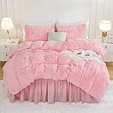 Andency Faux Fur Pink Comforter Set King Size, 3 Pieces Fluffy Fuzzy Plush Bedding Comforter Set (1 Shaggy Velvet Comforter & 2 Pillowcases), Soft Puffy Comfy Down Alternative Comforter Bedding Set