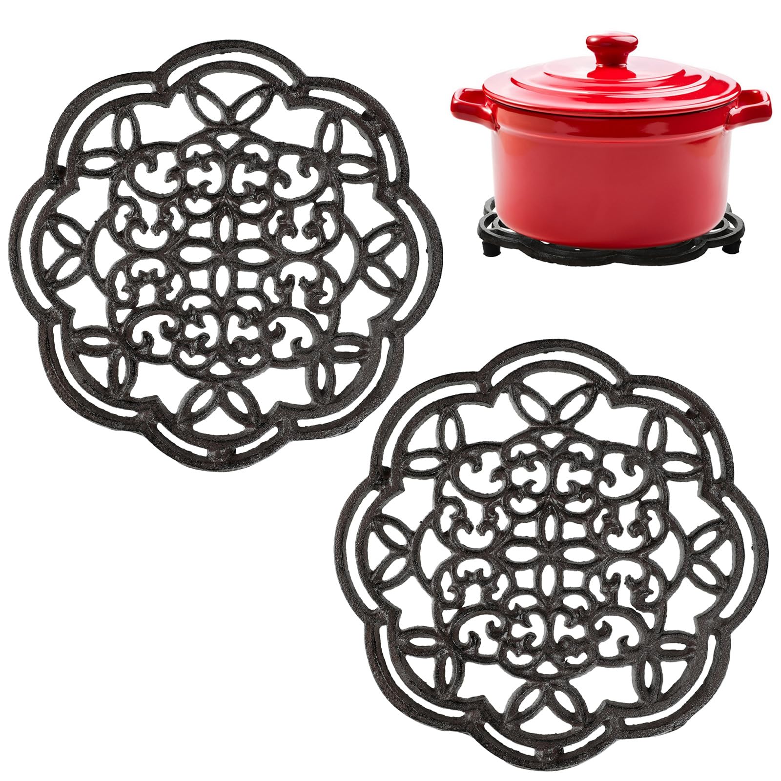 Photo 1 of 2 Pack Cast Iron Trivet for Hot Pots and Pans 7.7 Inch Round Metal Trivets for Hot Dishes Decorative Pot Holder with Rubber Pegs for Countertop Kitchen Table
