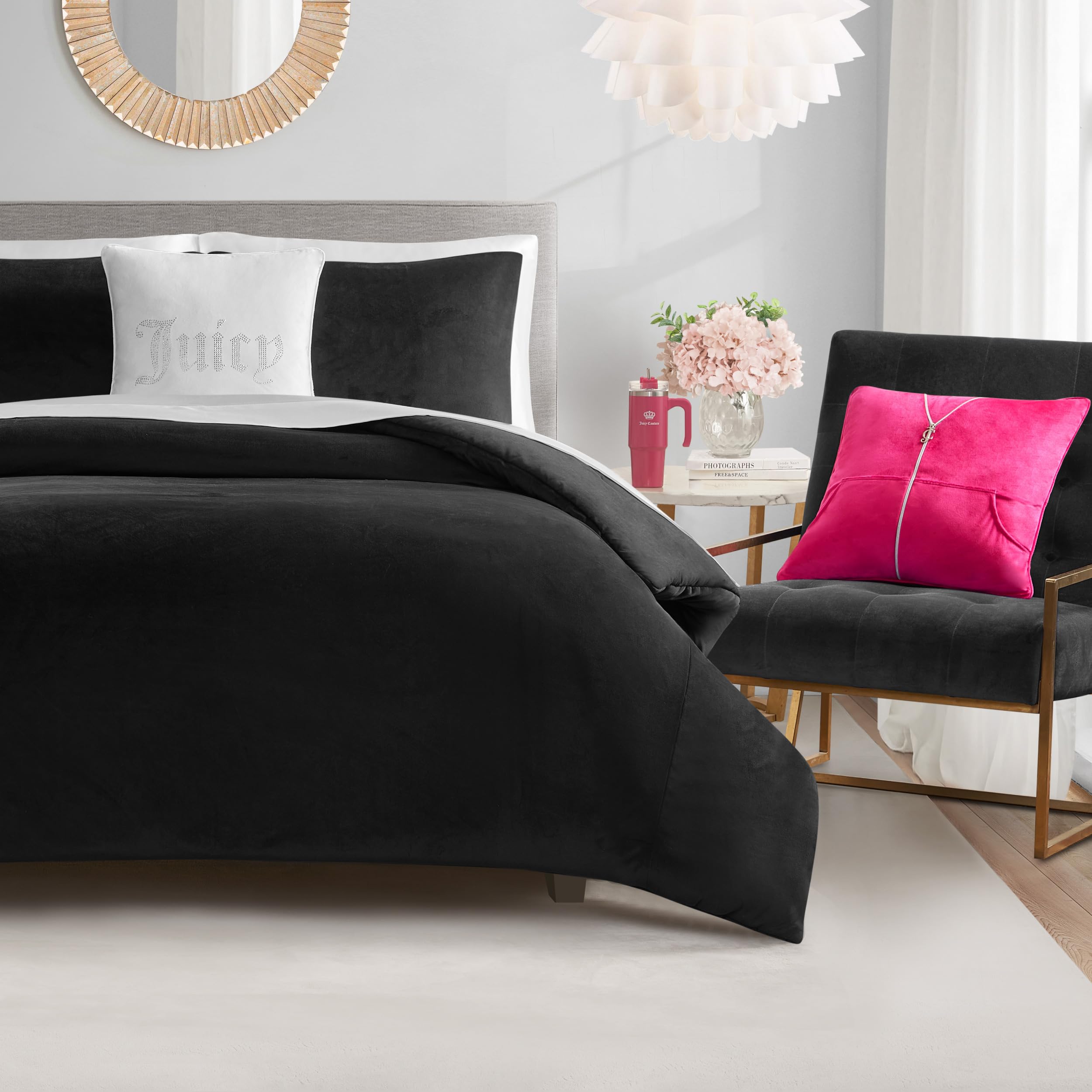 Juicy Couture Black Velour Full/Queen Comforter Set with Decorative Pillows – 5 Piece Luxury Bedding Ensemble