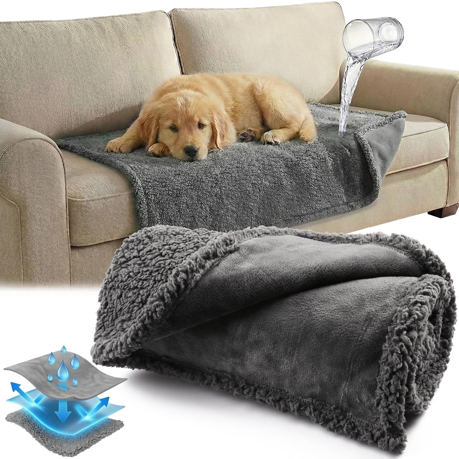 Onarway Waterproof Dog Blanket Medium: 70cm x 100cm Grey Pet Throw for Bed Sofa & Car - Washable Sherpa Fleece Cover - Leakproof Puppy Pee Pad Protection - Warm Reversible Thermal Rug