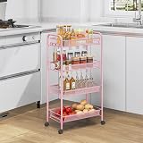 4-Tier Rolling Cart On Wheels Pink Easy Assemble Storage view 7