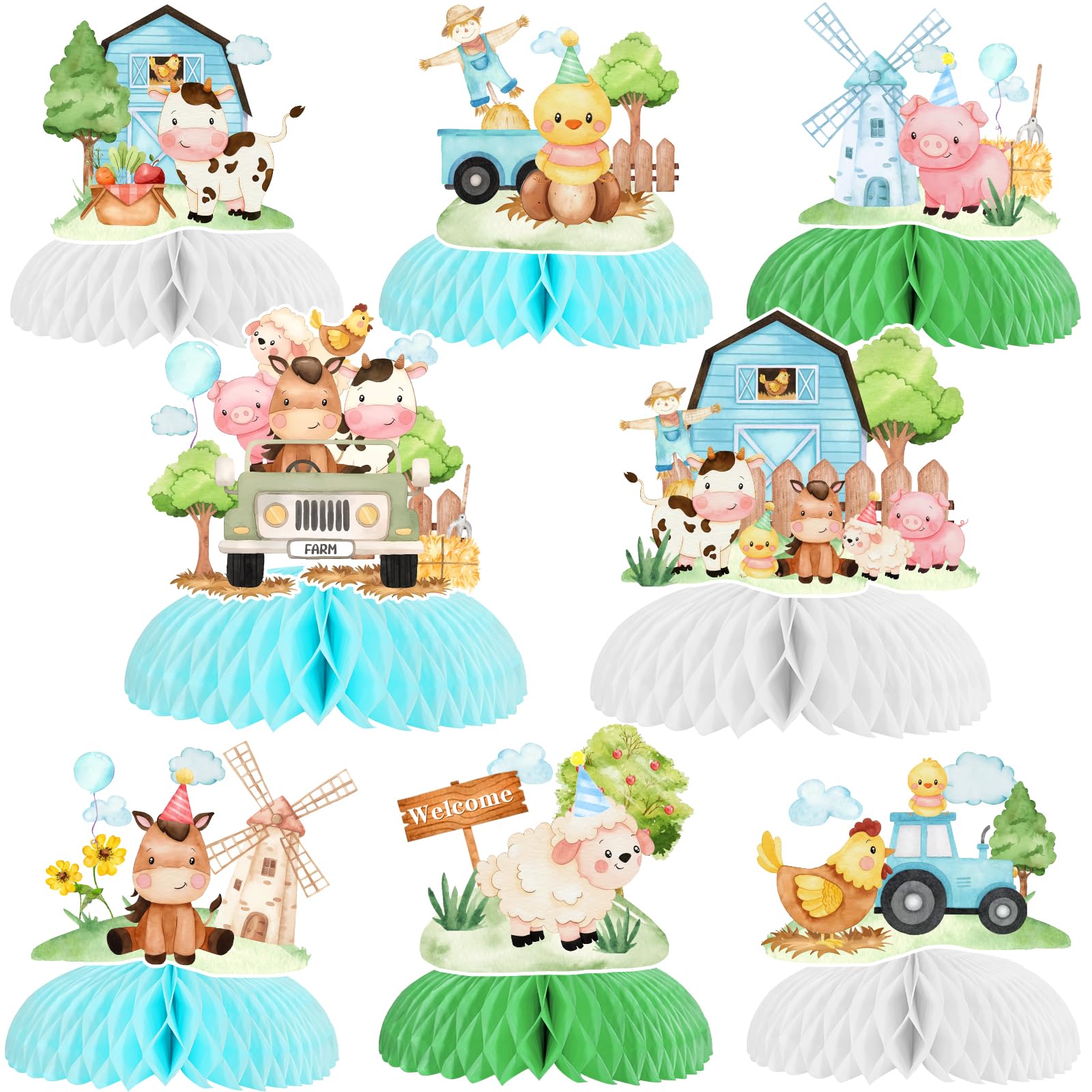 Photo 1 of 8 Pieces Blue Farm Animal Honeycomb Centerpieces Table Toppers, Farm Themed Party Decorations, 3D Barn Animal Cutouts for Boys Baby Shower Birthday Party Supplies