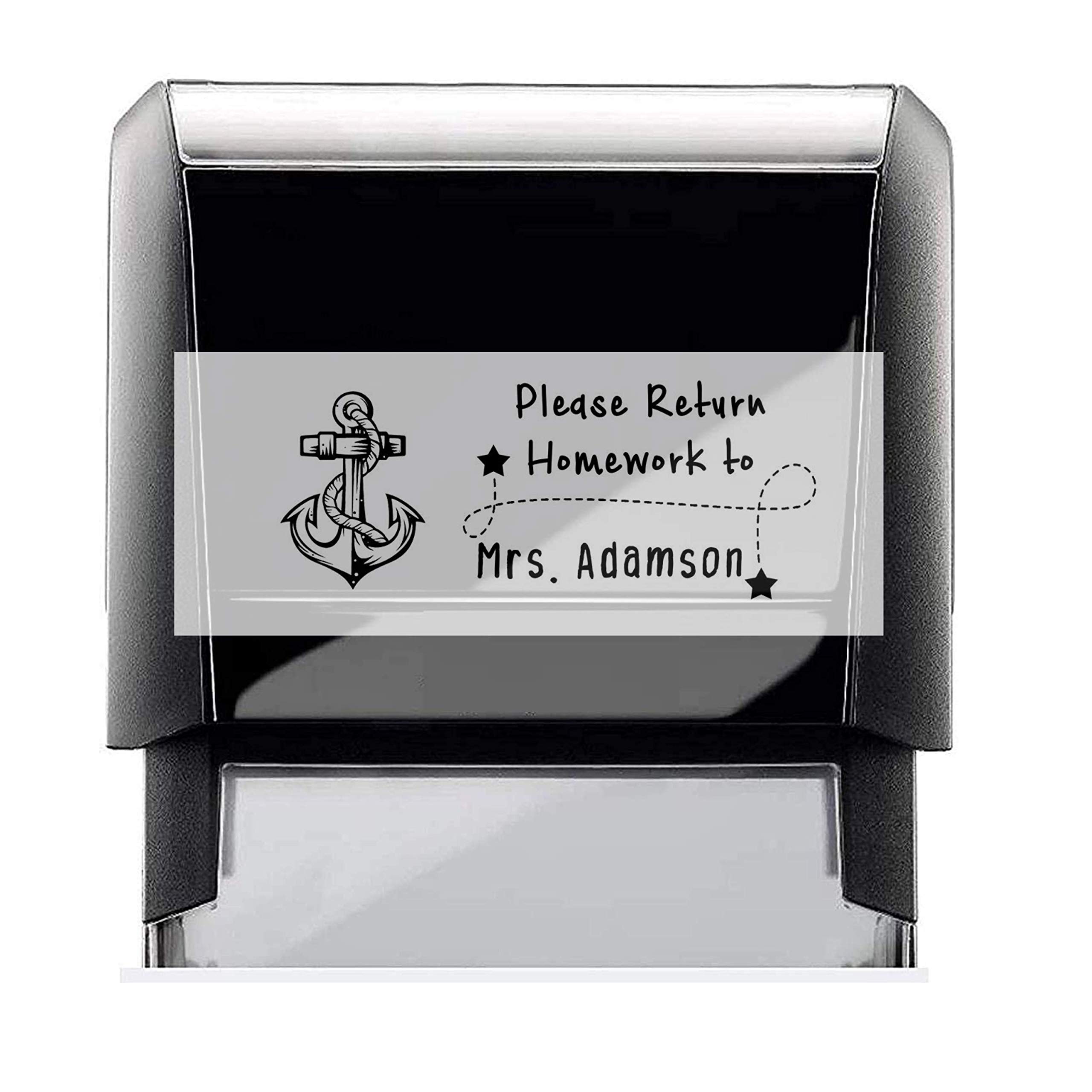 Custom Teacher Rubber Stamp, Self-Inking Please Return Homework Classroom Stamper with Nautical Anchor with Rope Image. Size Approx. 7/8" x 2 3/8" Black, Blue, Green, Purple or Red Ink