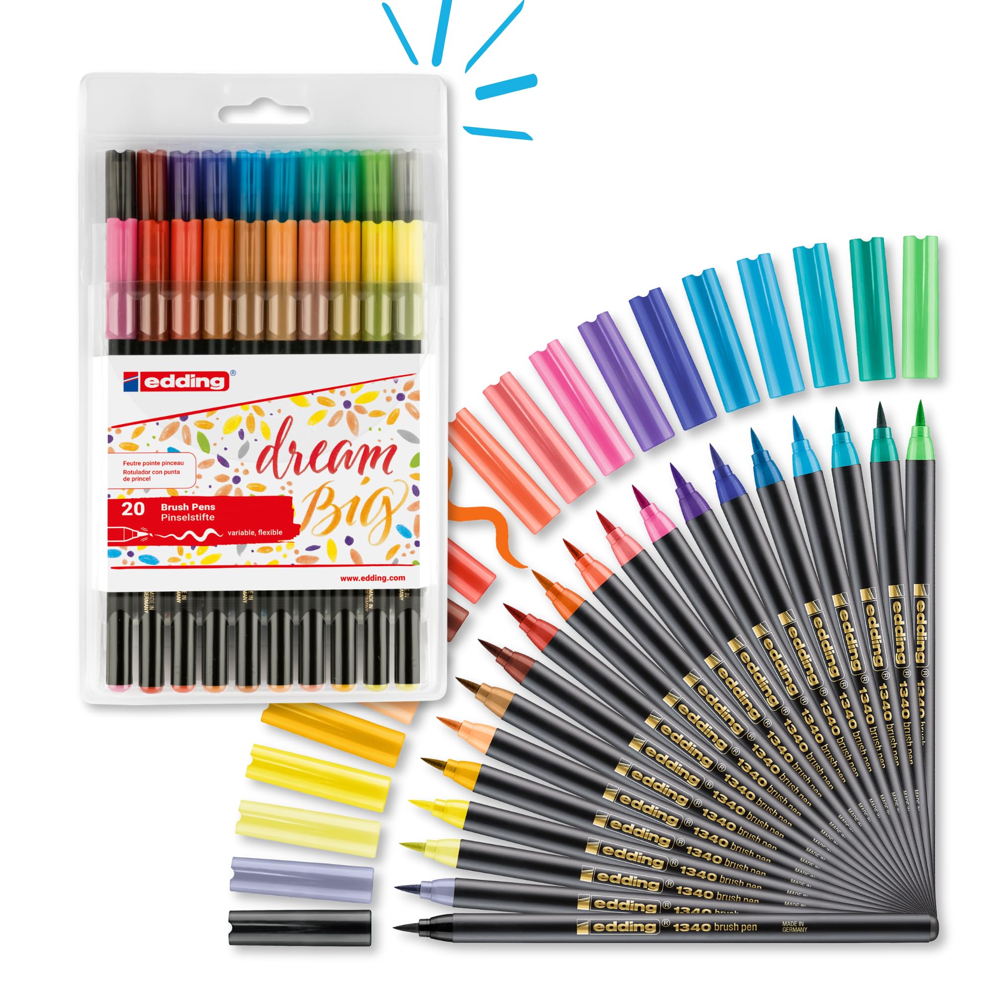 edding 1340 brush pen - set of 20 - colourful, bright, delicate colours - flexible brush nib - felt-nib pen for painting, writing and drawing - bullet journals, hand lettering, mandalas, calligraphy