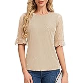 HomRain Womens Ruffle 3/4 Sleeve Sparkle Top Blouses Casual Shirts Crew Neck Glitter Night Out Tops for Elegant Evening