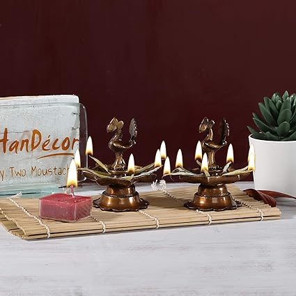 Two Moustaches Brass Traditional Diya Set (Brown_2.5 Inch X 2.5 Inchx 3.5 Inch)