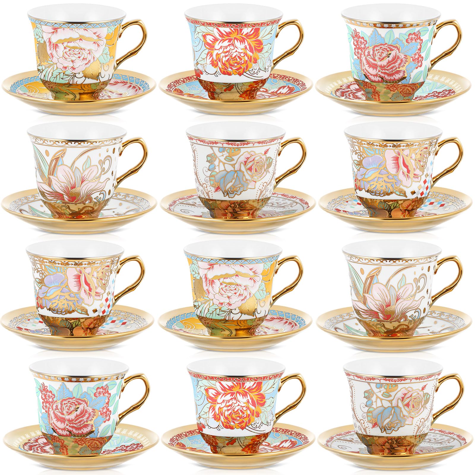 Photo 1 of Teenyyou Set of 12 Tea Cups and Saucers Tea Party Decorations Floral Porcelain 5.4 oz British Gift for Women Birthday Party, Church, and Mother's Day (Vibrant Style)